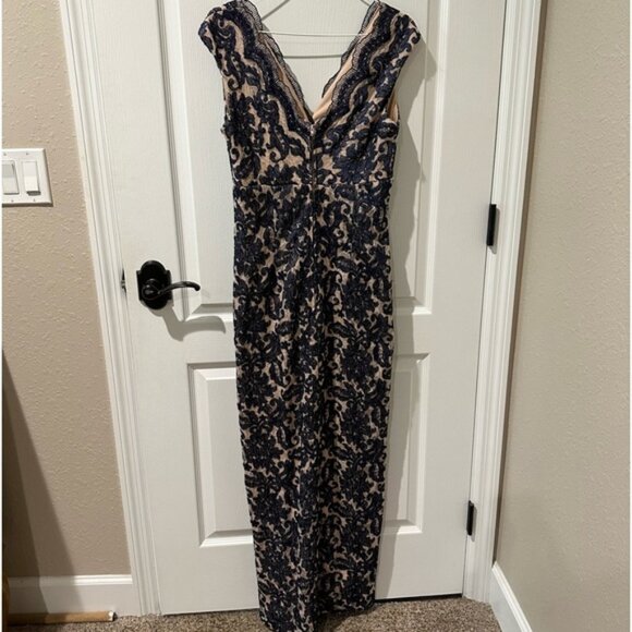 Marina Sleeveless Lace and Sequin Wrap Bodice Gown in Navy/Nude - Picture 7 of 16